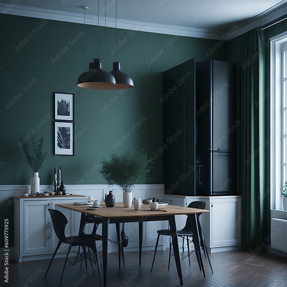 Minimalist modern kitchen made of wood and green walls, with black and ...