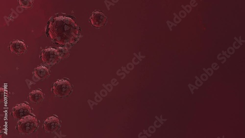 SARS-CoV-2 COVID-19 Virus with Proteins Infecting Host under Microscope with Red Background - 3D Medical Animation photo