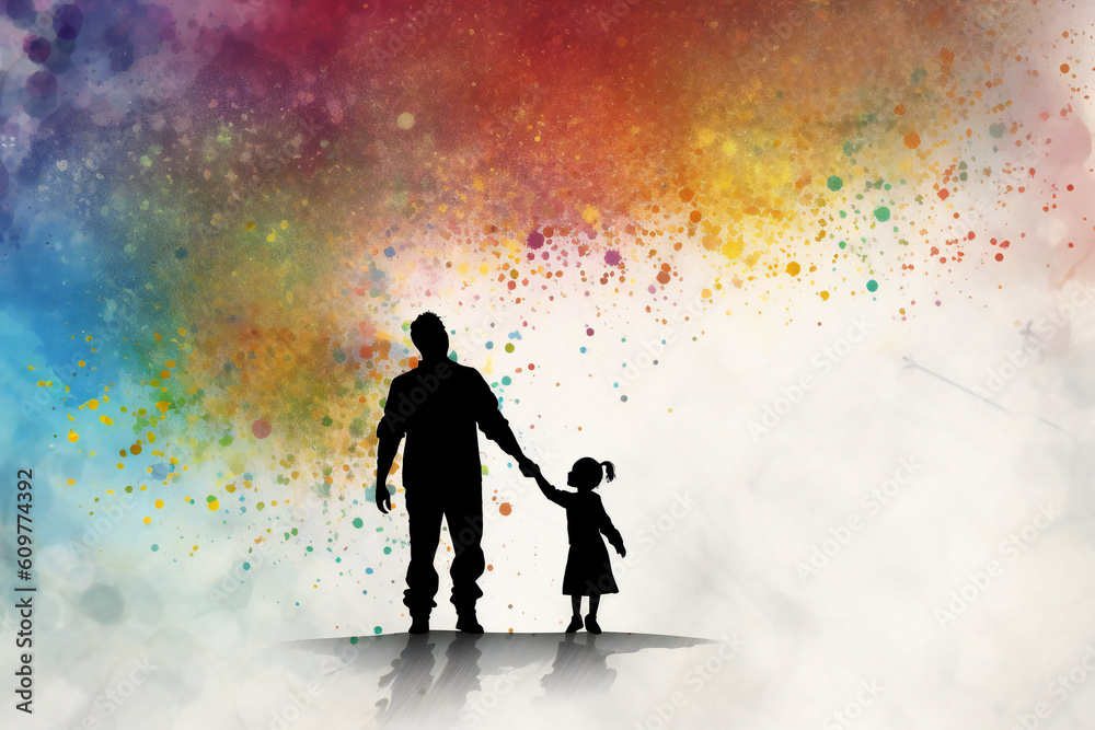 Whimsical father and daughter silhouette image, filled with a rainbow ...
