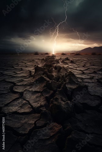 Cracked ground in stormy weather with dramatic sky AI Generative AI