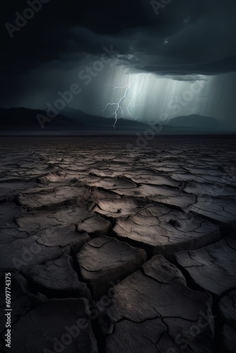 Cracked ground in stormy weather with dramatic sky AI Generative AI photo