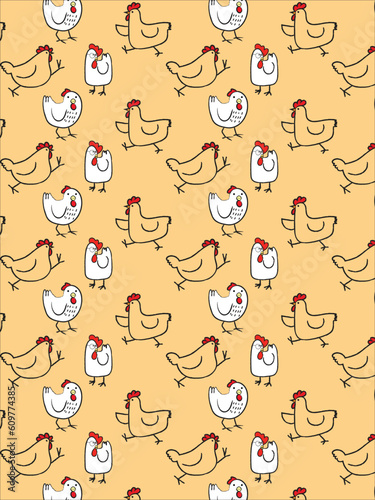 Fototapeta Naklejka Na Ścianę i Meble -  Vector seamless pattern of flat chicken hen hand drawing illustration.