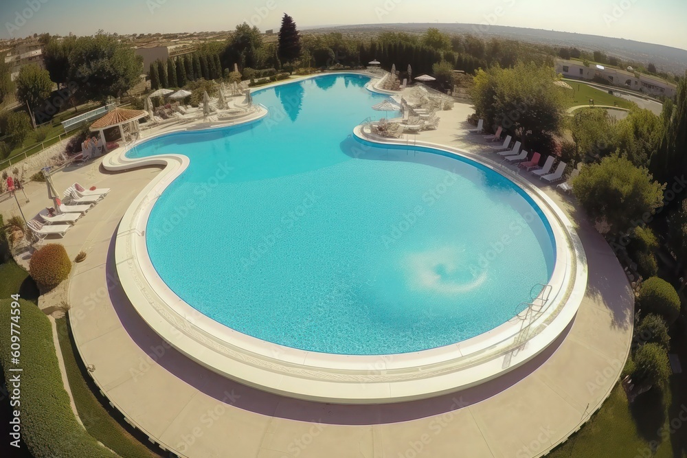 beautiful swimming pool, empty, shot from drone overhead, fish eye lens, 32K UHD. Generative ai beautiful swimming pool, empty, shot from drone overhead, fish eye lens, 32K UHD. Generative ai