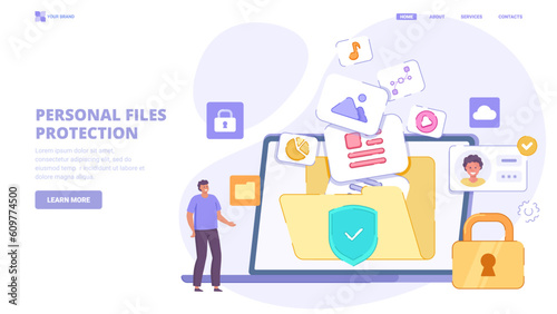 Personal files security, safe file storage, access to files in cloud, encrypted folder. Flat design concept with characters for landing page. Vector illustration for website, banner, landing page.