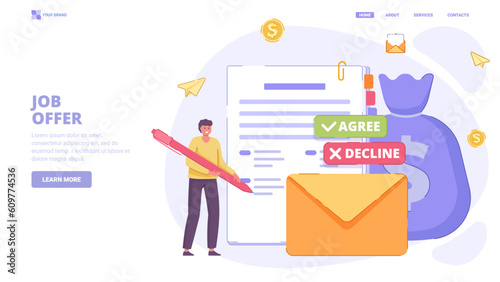 Successful recruitment, get job offer, contract, hiring process, human resource management. Flat design concept with characters for landing page. Vector illustration for website, landing page, banner.