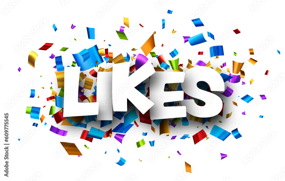 Likes sign over colourful cut out foil ribbon confetti background. Design element. Vector illustration. Likes sign over colourful cut out foil ribbon confetti background. Design element. Vector illustration.