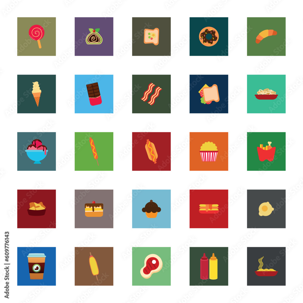 set of fast food icons with different color background