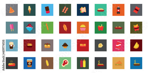 set of fast food icons with different color background