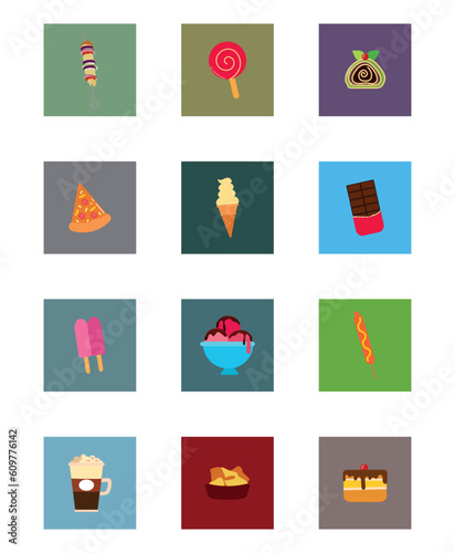 set of fast food icons with different color background