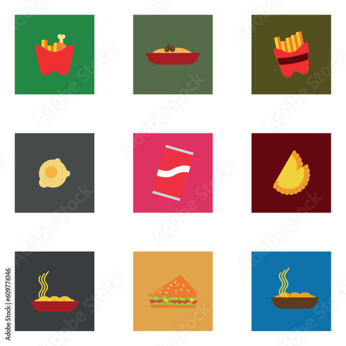 set of fast food icons with different color background