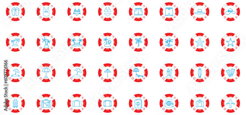summer icon set with white background and red border