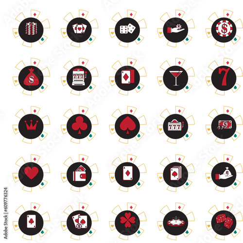 vector image set of casino icons of black color with golden lines