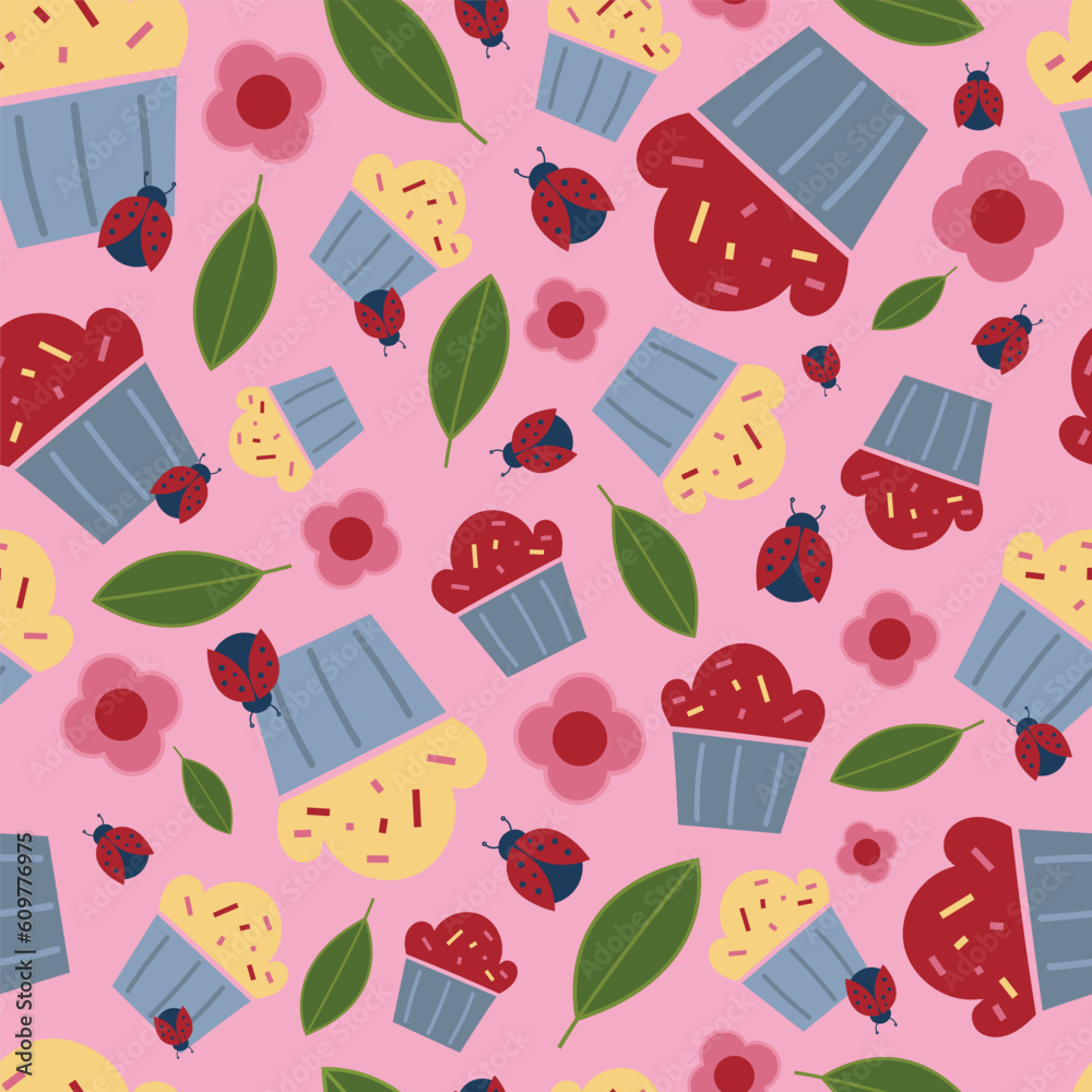Vector pink garden tea party muffins and cupcakes seamless pattern background design.