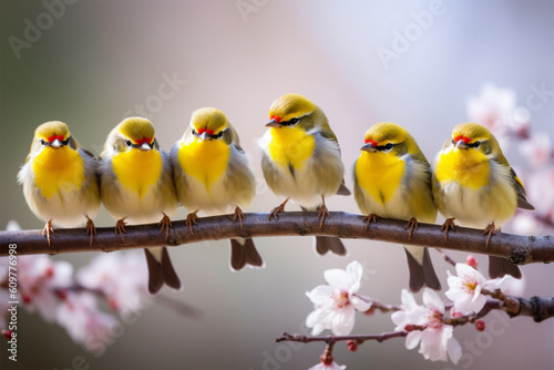 some cute birds are marching on winter tree branch