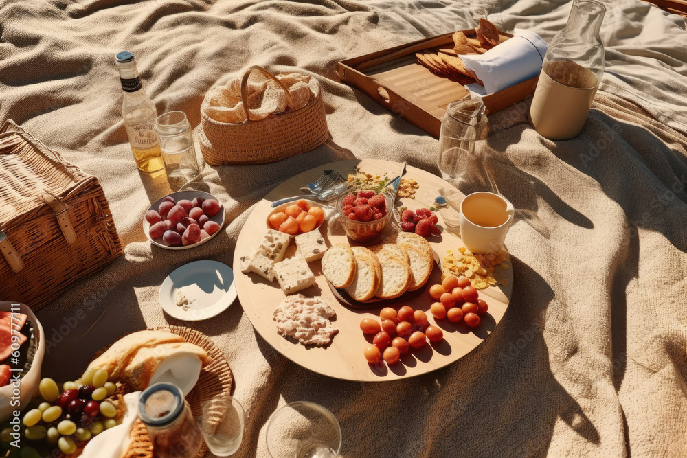 Naklejka premium photo of pop up picnic with beach view full of details Generated AI