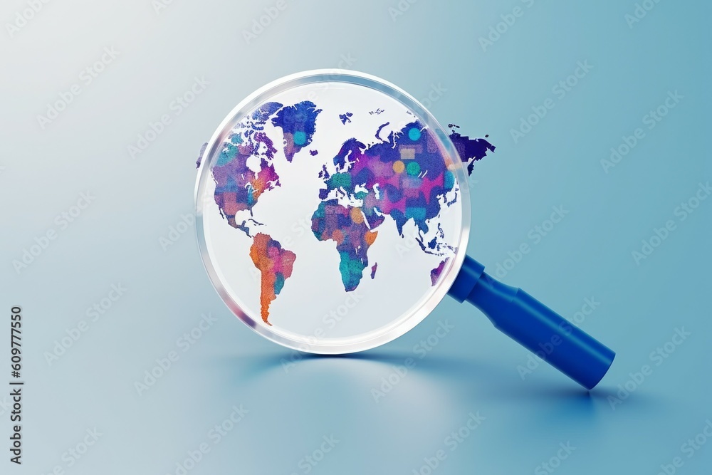 Magnifier with world map element. Global search concept. AI generated, human enhanced Magnifier with world map element. Global search concept. AI generated, human enhanced