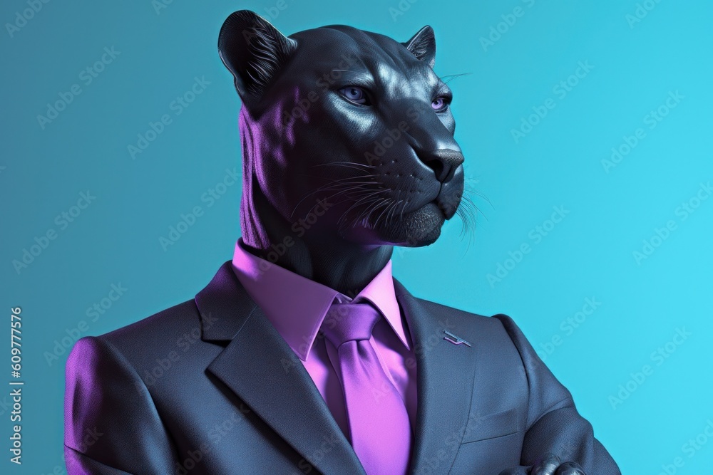 Anthropomorphic panther dressed in suit like a businessman. Mysterious image of a stranger. AI generated, human enhanced Anthropomorphic panther dressed in suit like a businessman. Mysterious image of a stranger. AI generated, human enhanced