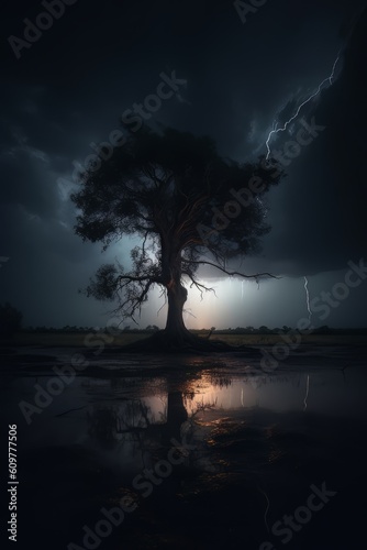 Big tree in the field and wet ground with stagnant water on a stormy night. AI Generative AI photo