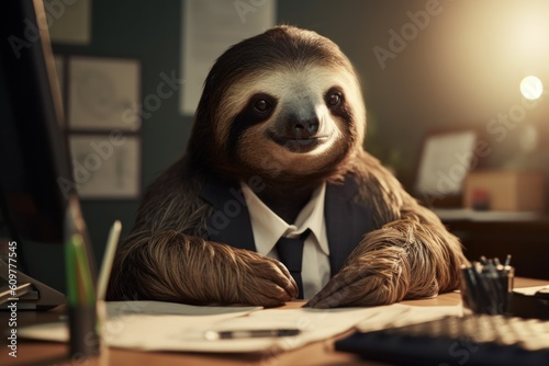 Anthropomorphic sloth dressed in a suit like a businessman. Business Concept. AI generated, human enhanced