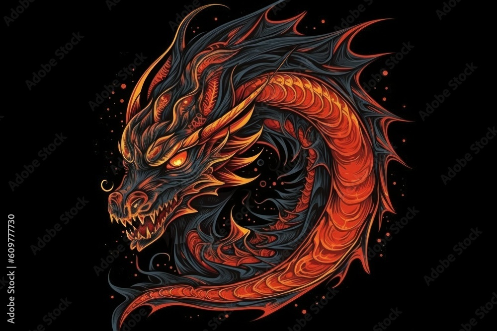 Dragon from fire on black background. Drawing style. Preparation for printing. AI generated, human enhanced Dragon from fire on black background. Drawing style. Preparation for printing. AI generated, human enhanced