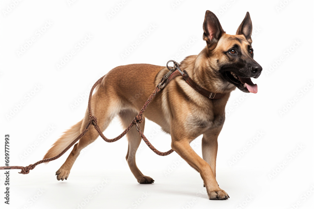 a dog on a leash, white background