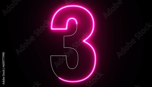3 Number Electric pink lighting text with animation on black background. Three Number. 