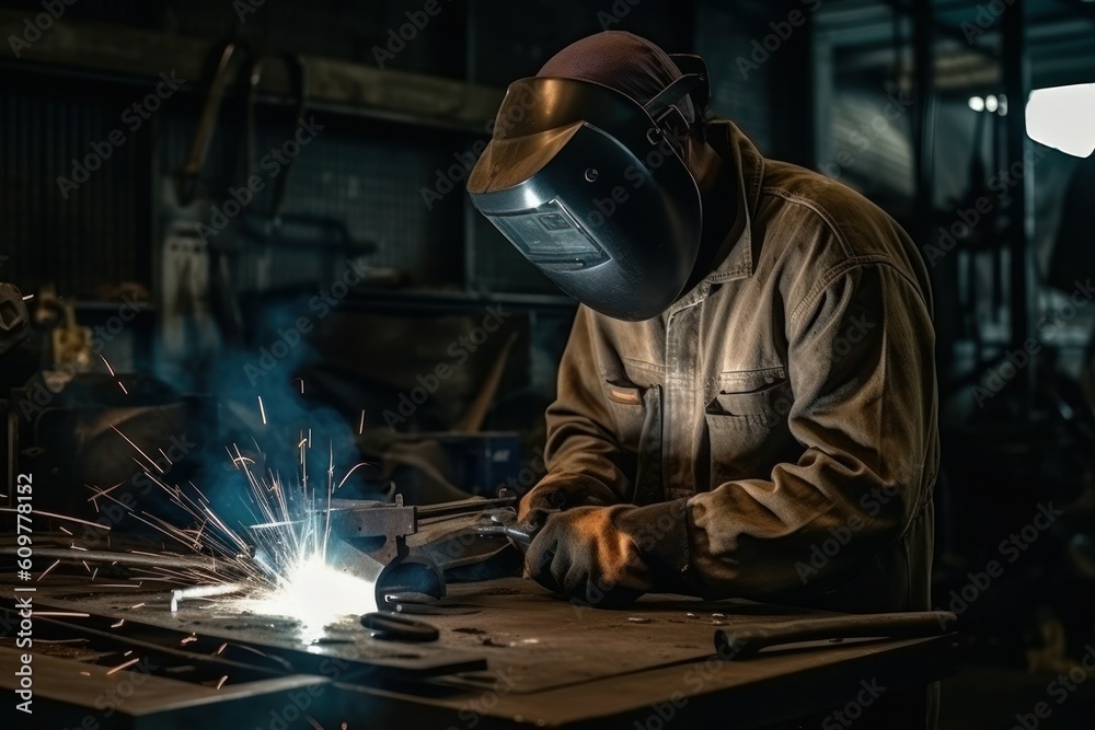 Worker or welder in the metallurgical industry performing welding in his workshop. AI generated, human enhanced. Worker or welder in the metallurgical industry performing welding in his workshop. AI generated, human enhanced.