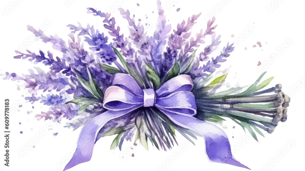 lavender bouquet with ribbon and label in watercolor style, isolated on a transparent background for design layouts lavender bouquet with ribbon and label in watercolor style, isolated on a transparent background for design layouts