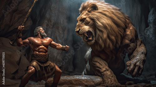 Illustration about the myth of Hercules and the Nemean lion - AI generated image. photo