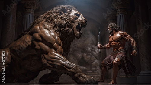 Illustration about the myth of Hercules and the Nemean lion - AI generated image.