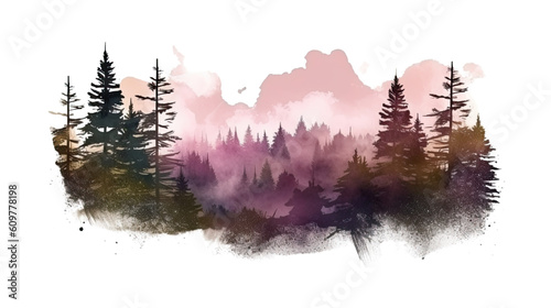 mountain landscape with pine trees silhouette in watercolor style, isolated on a transparent background for design layouts