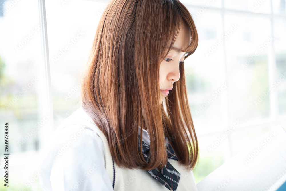 ノートを見ている女子高生の横顔 ノートを見ている女子高生の横顔