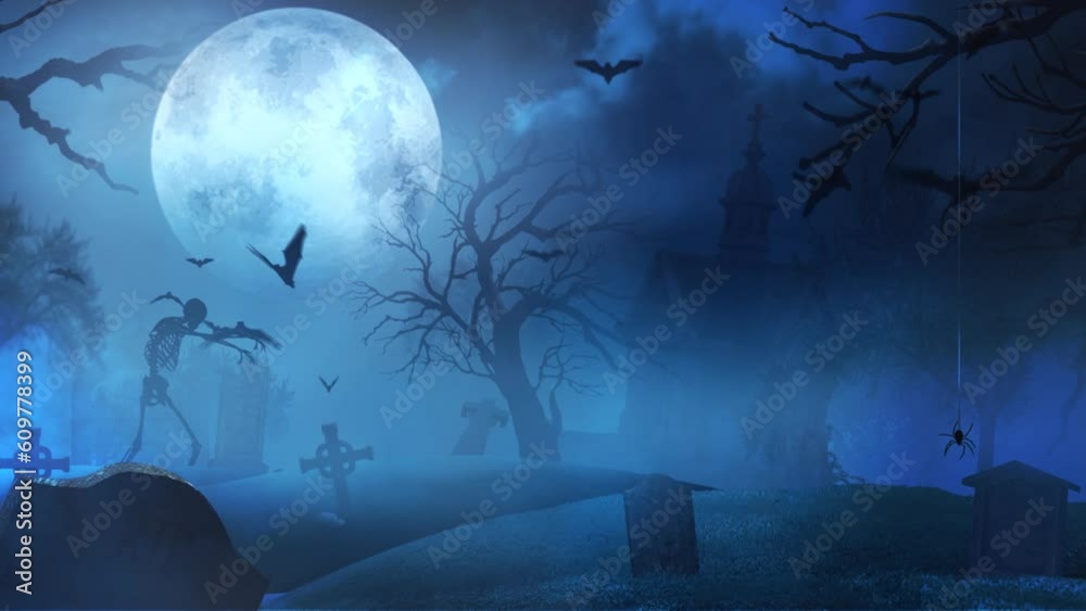 Graveyard at Midnight with Full Moon Skeleton and Witch 4K features an ...