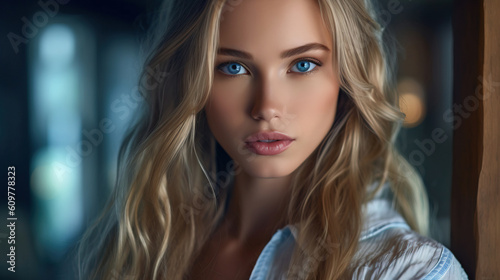 A close up stock photo of a an elegant young woman with long blonde hair.  AI generated. © tashechka