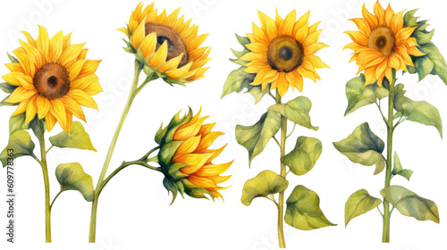 vibrant sunflower collection in watercolor style, isolated on a transparent background for design layouts