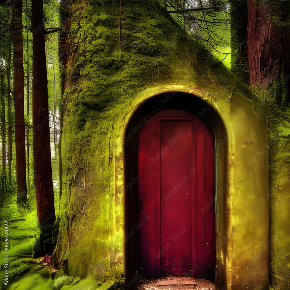 Fototapeta premium Puerta roja en bosque generada por inteligencia artificial