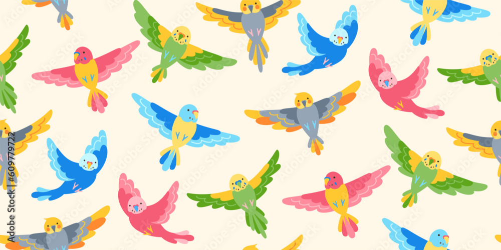 Flying Parrot tropical trendy seamless pattern. Exotic colorful birds repeat ornament background. Summer bright funny design parrots wallpaper textile fabric, endless packaging, boundless vector decor Flying Parrot tropical trendy seamless pattern. Exotic colorful birds repeat ornament background. Summer bright funny design parrots wallpaper textile fabric, endless packaging, boundless vector decor