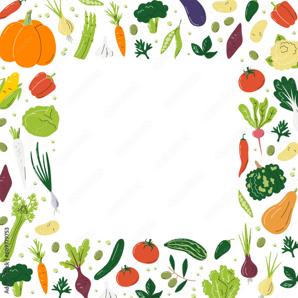 Square frame concept with different vegetables. Borders full of veggies with copy space. Various colorful enriched organic agricultural products. Nutrition hand drawn flat vector illustration isolated Square frame concept with different vegetables. Borders full of veggies with copy space. Various colorful enriched organic agricultural products. Nutrition hand drawn flat vector illustration isolated