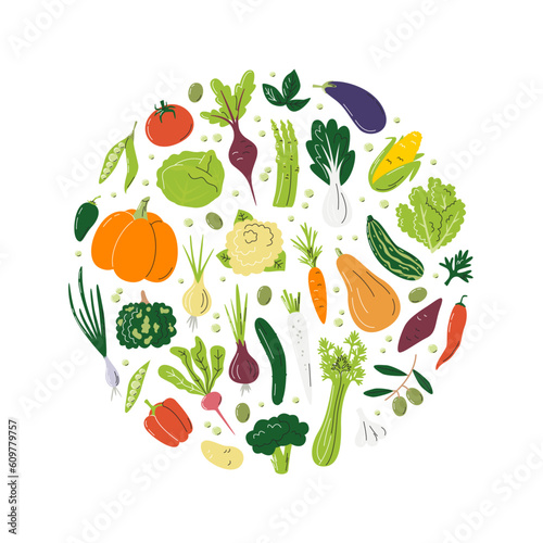 Round design concept with different vegetables. Various veggies in circle shape. Colorful enriched organic agricultural products. Nutrition composition. Hand drawn flat vector illustration isolated