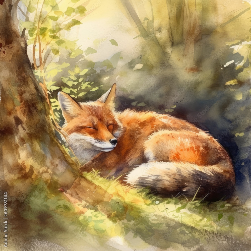 Fototapeta premium Watercolor red fox sleeping in the woods by sun light Generative Ai