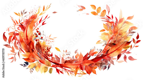 autumn foliage wreath in watercolor style, isolated on a transparent background for design layouts