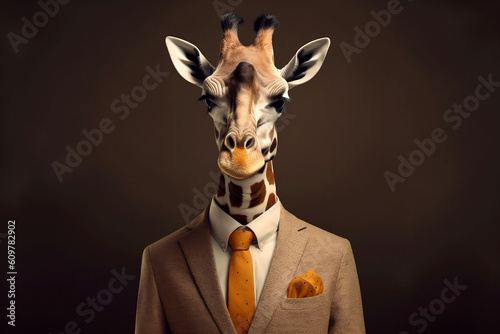 Portrait of a Giraffe dressed in a formal business suit, created with generative AI