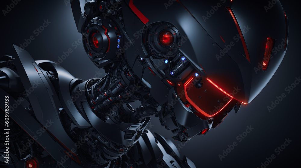 Fototapeta premium Close up of a red lighted robot head, Generative AI.