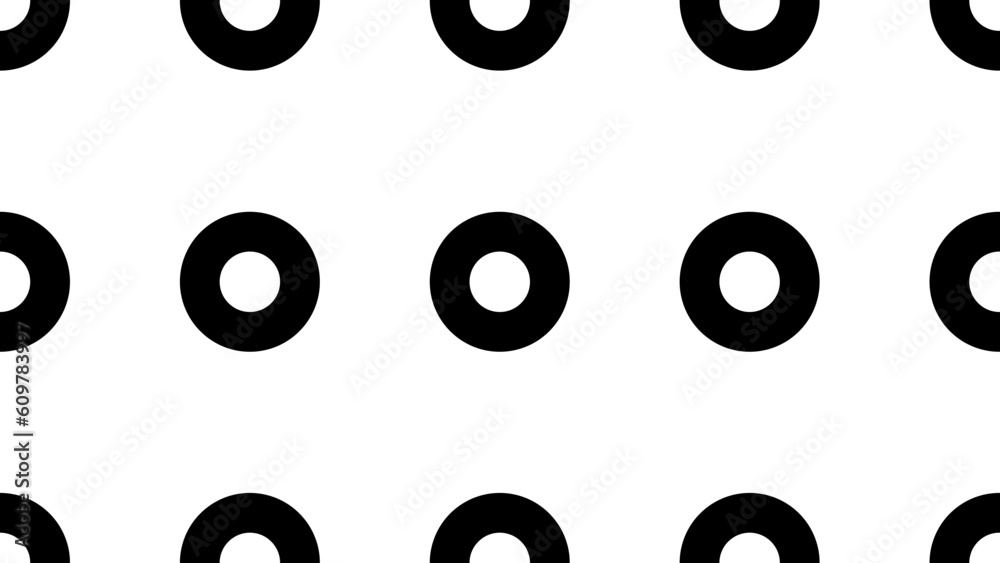 Seamless geometric patter with black circles on white background. 80s-90s retro design. Vector illustration.