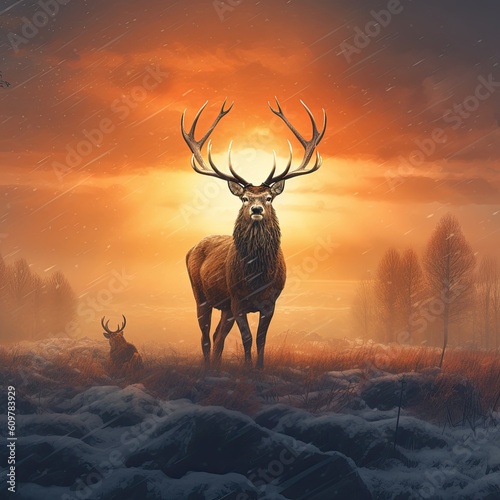 stag at sunset with deer in a field full of frost Generative Ai © lanyardweeping