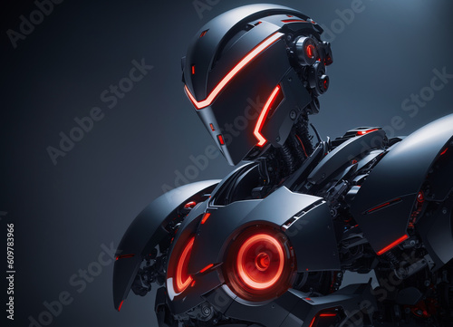 Red eyed robot, android with red circles on its chest. Generative AI.