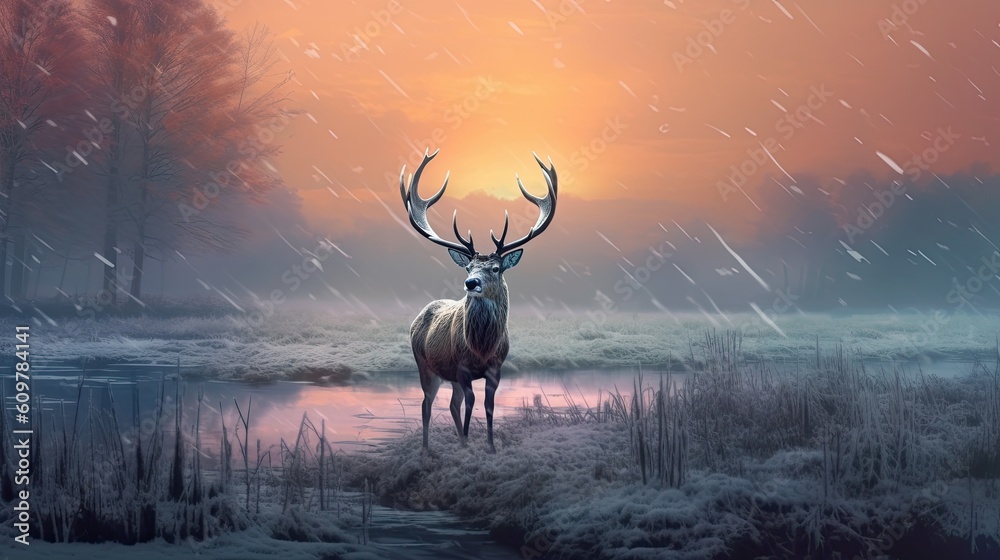Obraz premium a stag is standing in frost in the field at sunset Generative Ai