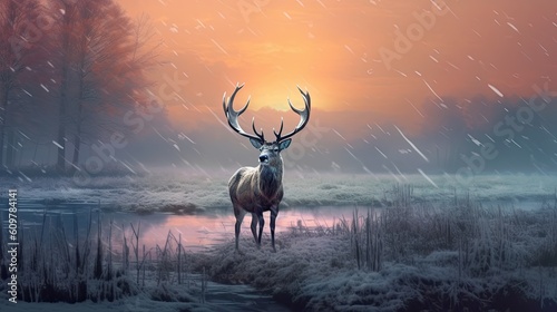 a stag is standing in frost in the field at sunset Generative Ai © lanyardweeping
