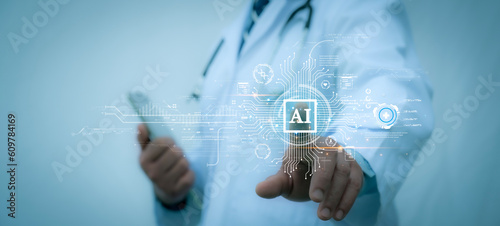 Medical worker touch virtual medical revolution and advance of technology Artificial Intelligence,AI Deep Learning for medical research,Transformation of innovation and technology for future Health