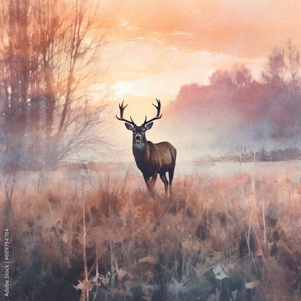 Fototapeta premium watercolor deer in a field with frost in the morning at sunset Generative Ai